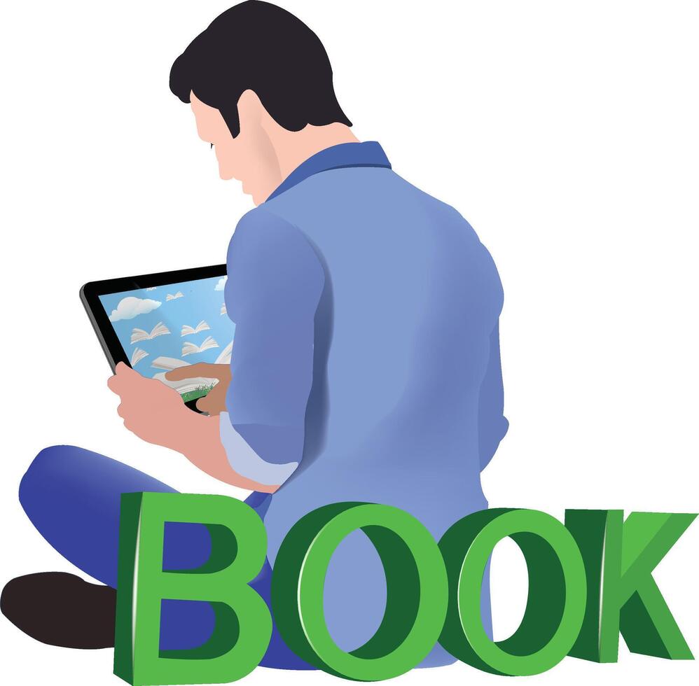 Man reading e book on tablet with book text effect vector