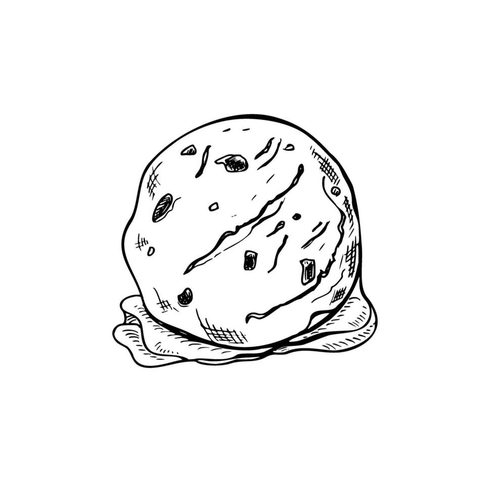 One ice cream ball hand drawn sketch illustration. Black and white sweet delicious frozen dessert element etching drawing for label design, packaging, menu decor vector
