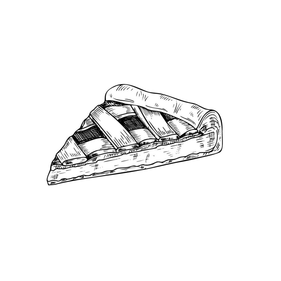 classic apple pie slice black and white drawing illustration painted by inks. Fruit or berry tart hand drawn graphic sketch. Food pastry element for menu, recipe design, poster vector
