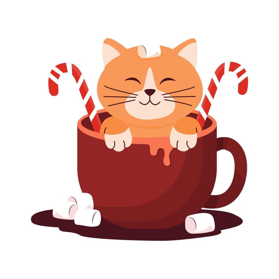 Christmas Cat in Hot Cocoa Mug with Candy Canes vector