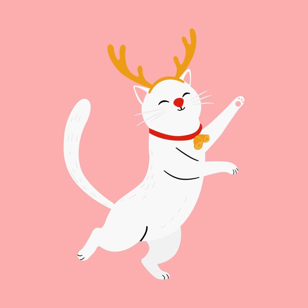 Festive White Cat with Reindeer Antlers vector