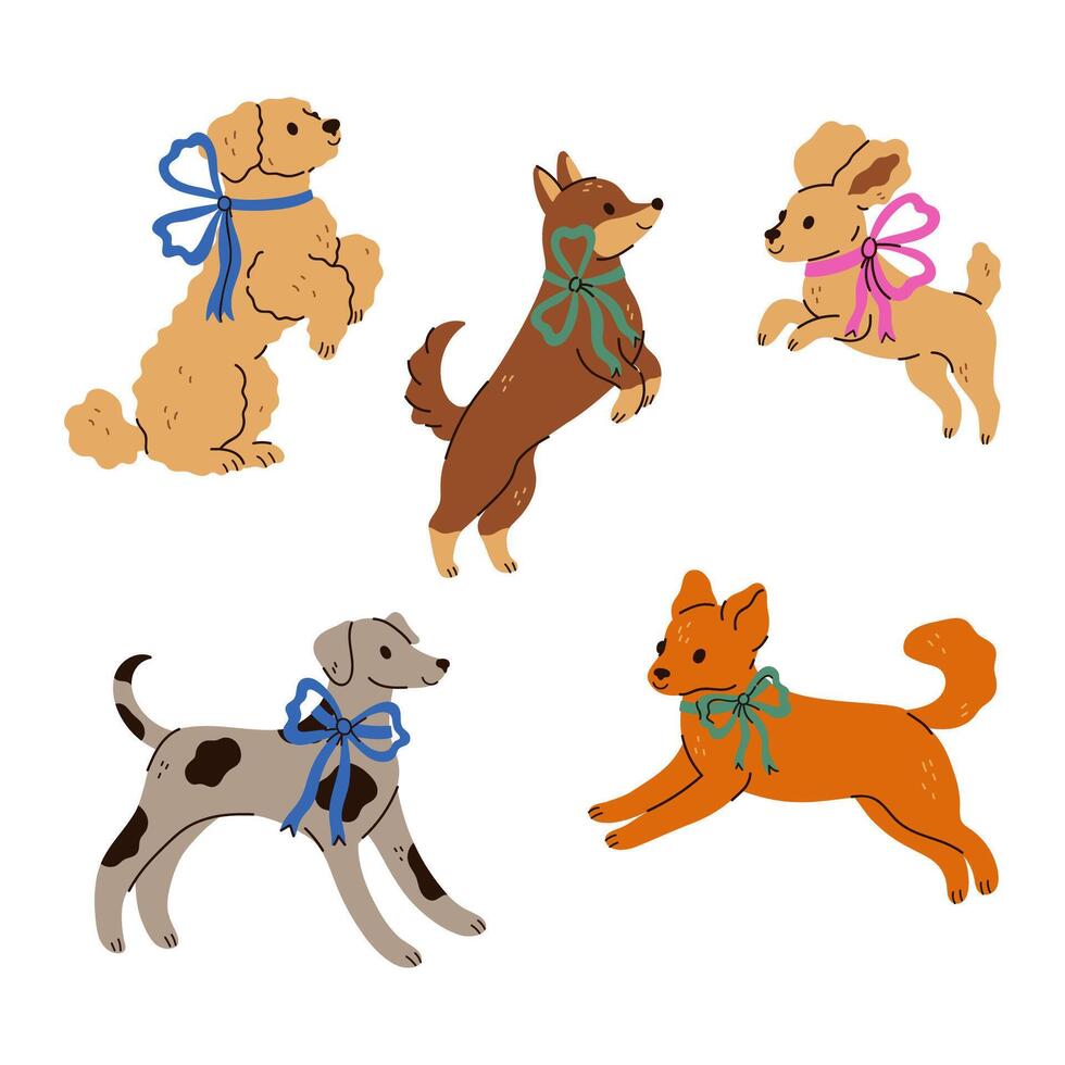 Set of cute different dogs with bows on their necks. graphics. vector