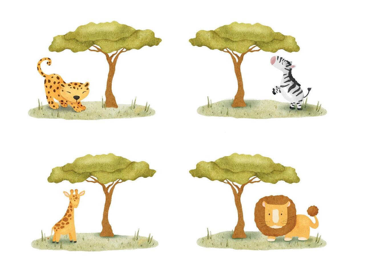 Jungles animals giraffe, elephant, zebra, leopard, lion, on meadow. African beasts and southern trees. Isolated hand drawn watercolor sublimations of Safari for baby shower cards, posters, kid's goods vector