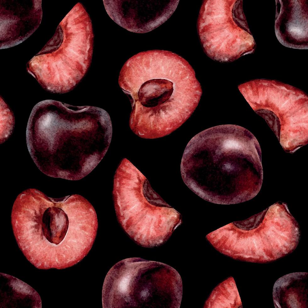 Whole and Slice Cherry berries. Cross section of juicy Sweet Cherry fruits. Isolated watercolor seamless pattern of Sweet Cherry fruits. Background for, packaging of goods, cosmetic, textile vector