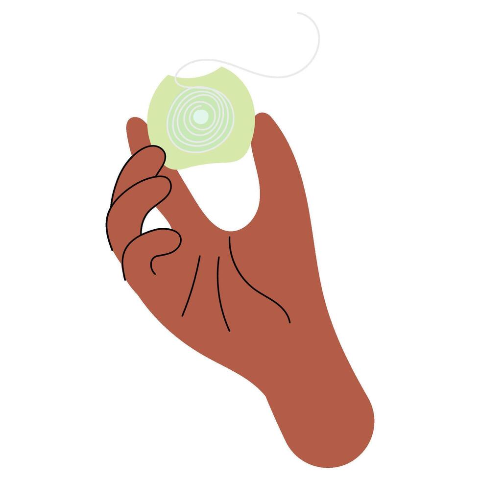 A dark skin hand holding dental floss. Mouth cleaning, prevention stomatology infections and caries. vector