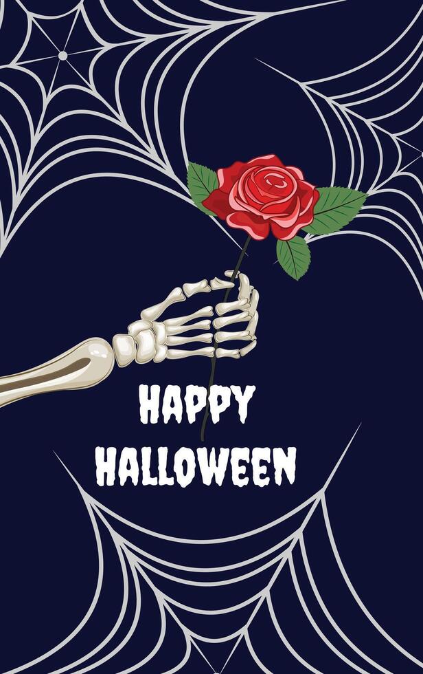 Halloween card, skeleton hand with red rose, spider webs, and greeting on dark purple backdrop vector