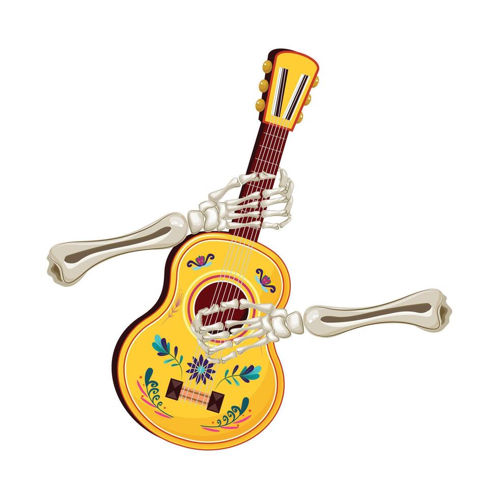 Dia de los Muertos guitar held by skeleton hands, symbolizing Mexican culture and music. vector