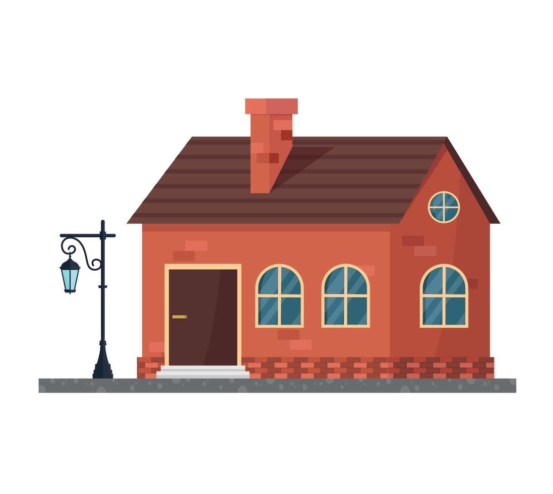 Brick house with street lamp on white background. vector