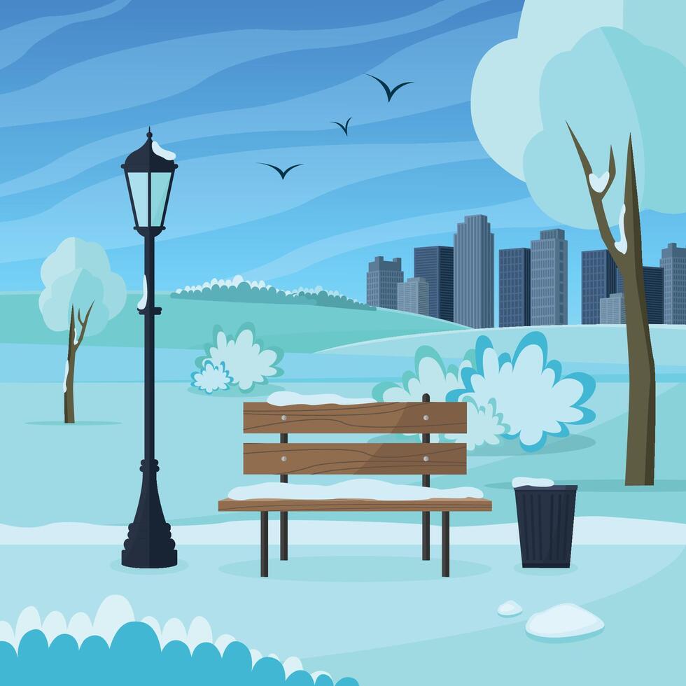 Park bench and lantern in the snow. Winter urban landscape concept. vector