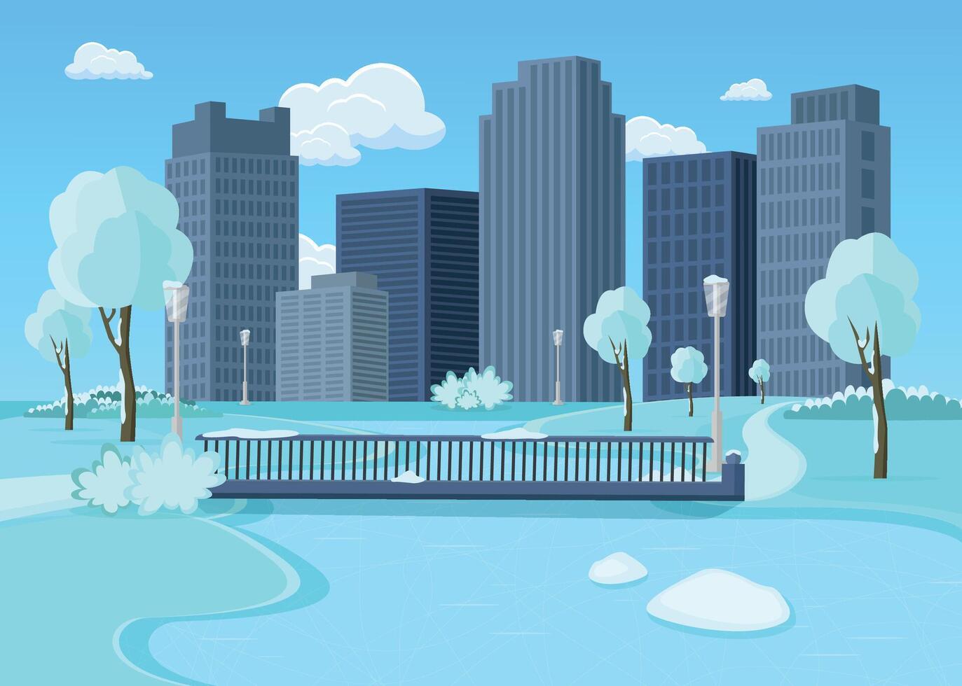 Winter city landscape with skyscrapers, bridge and pond. vector