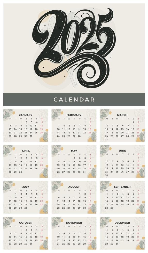2025 Floral Calendar Template. Printable Monthly Planner vector