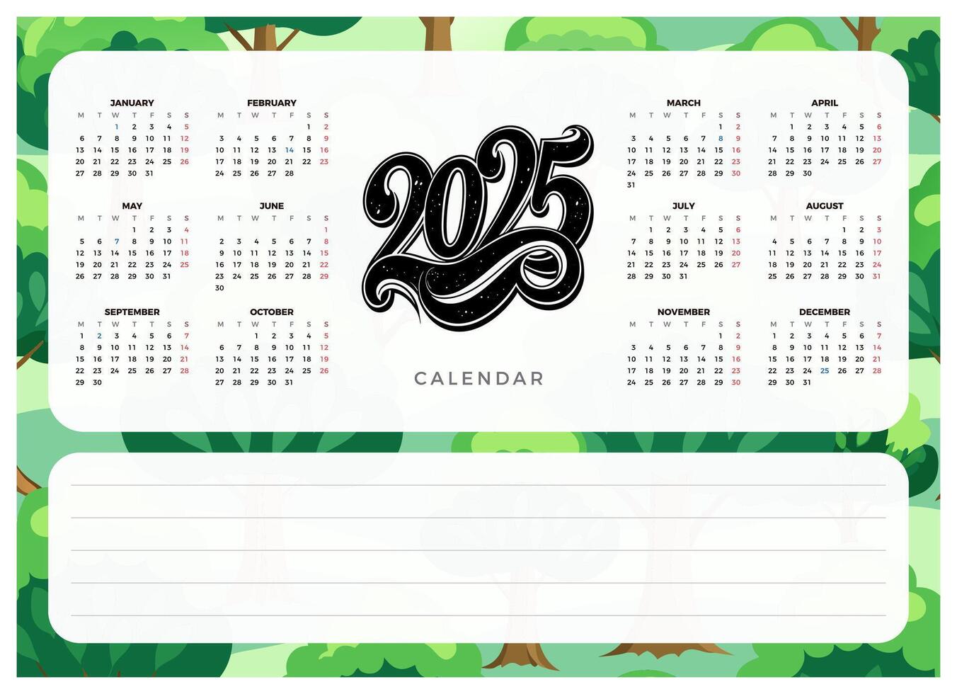 2025 Calendar. Monthly Planner Template with Green Leaves Design vector