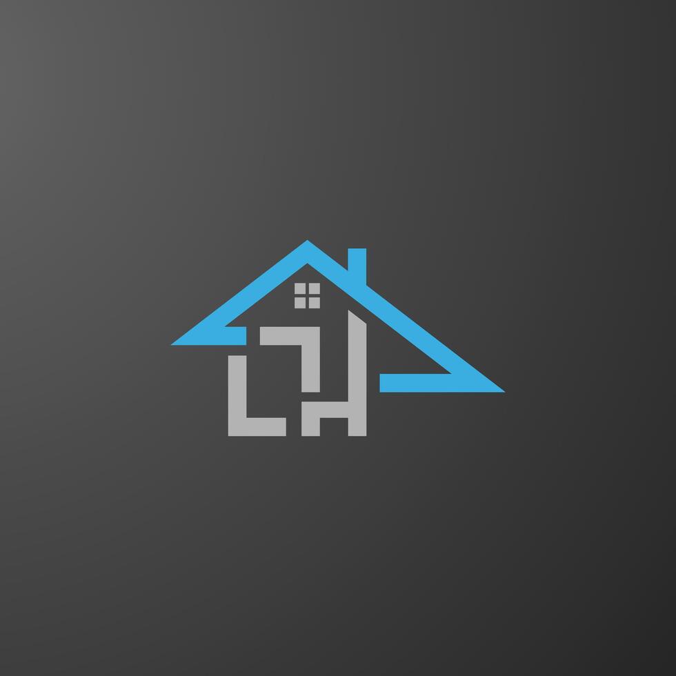 A sleek and modern real estate logo featuring a stylized house symbol in blue and gray tones on a dark gradient background, representing architecture and construction businesses. Initial LH letter vector