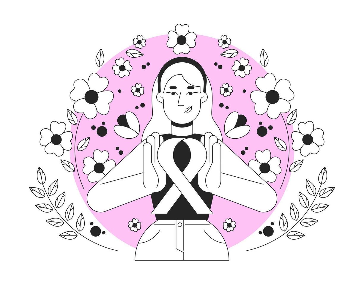 White feminist movement of pink ribbon black and white 2D illustration concept. Breast cancer solidarity. Caucasian woman femininity outline character isolated. Metaphor monochrome art vector