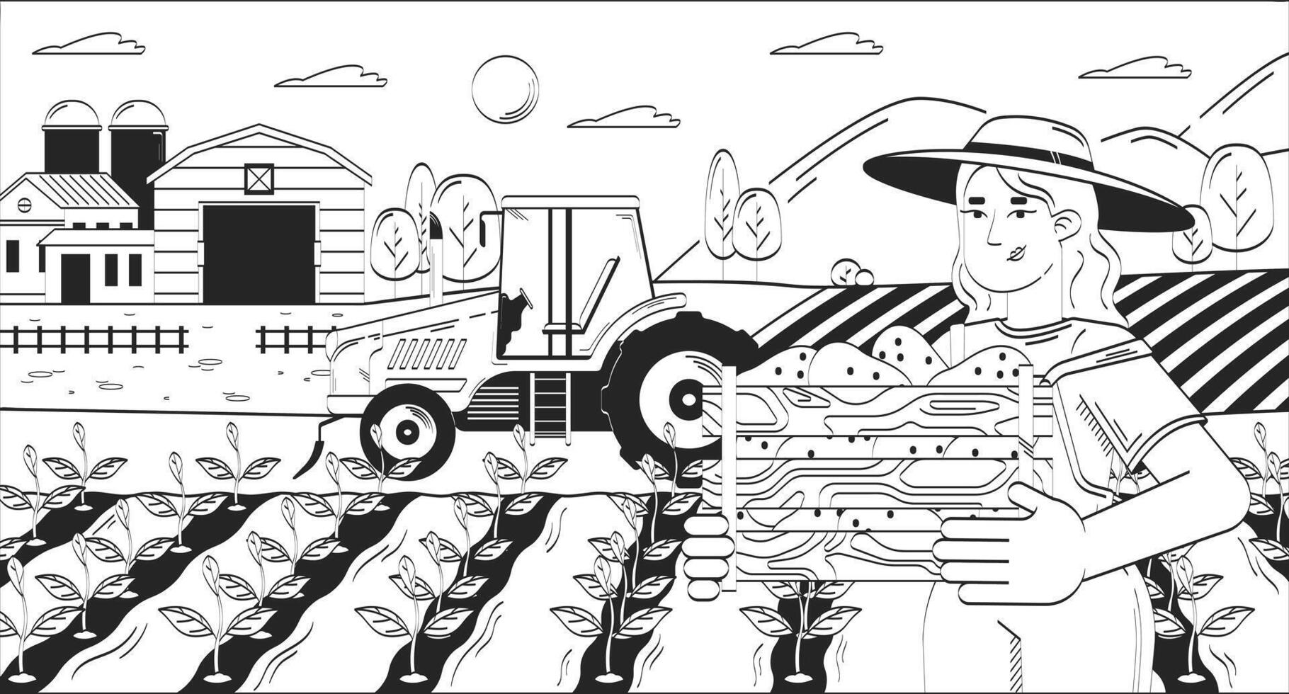 Farmer woman collecting harvest on field doodle lineart illustration. Agriculture. Countrywoman holding potato crate 2D line ink character isolated on white. Monochrome outline hand-drawn vector