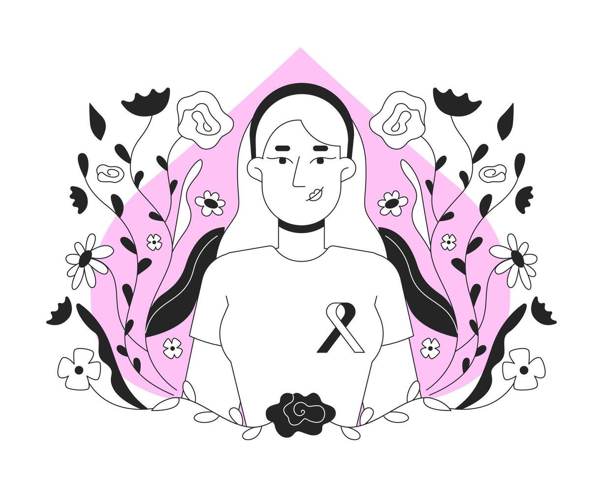 White woman promoting breast cancer awareness black and white 2D illustration concept. Mammogram campaign. Caucasian female with pink ribbon outline character isolated. Metaphor monochrome art vector