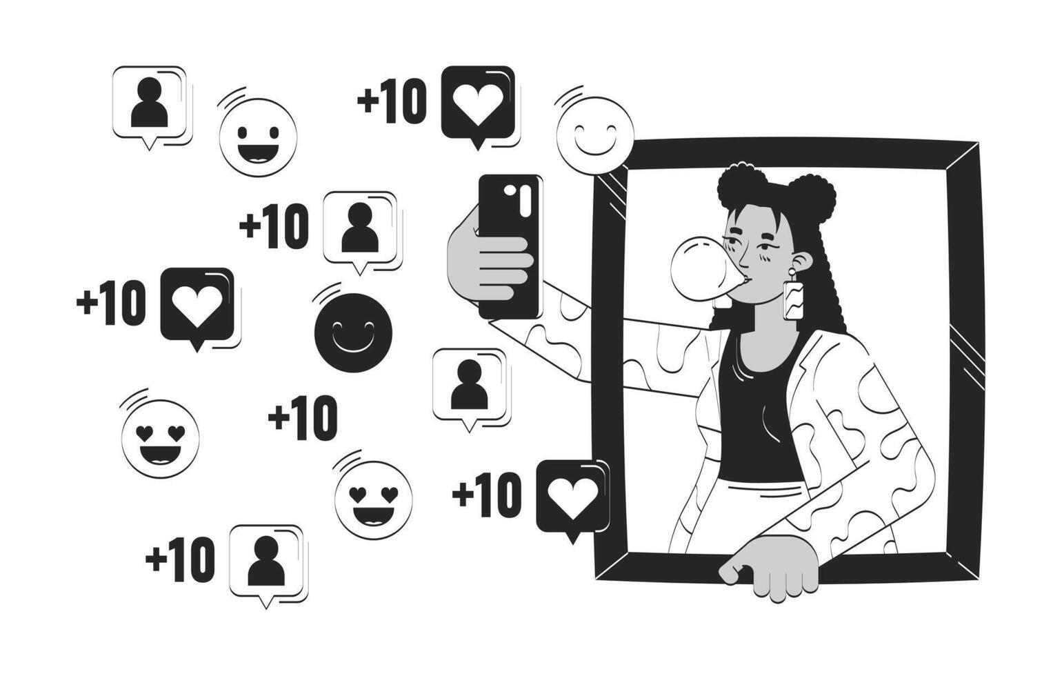 Latina taking selfie for social media doodle line illustration concept. Gum bubble influencer gen z. Hispanic young woman smartphone 2D outline character isolated. Hand drawn ink drawing monochrome vector