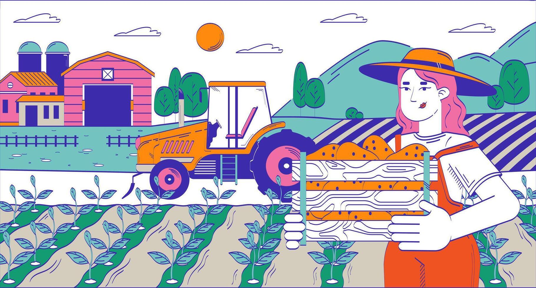 Farmer woman collecting harvest on field doodle cartoon illustration. Agriculture. Caucasian countrywoman holding potato crate 2D flat character isolated on white. Doodleart hand-drawn drawing color vector