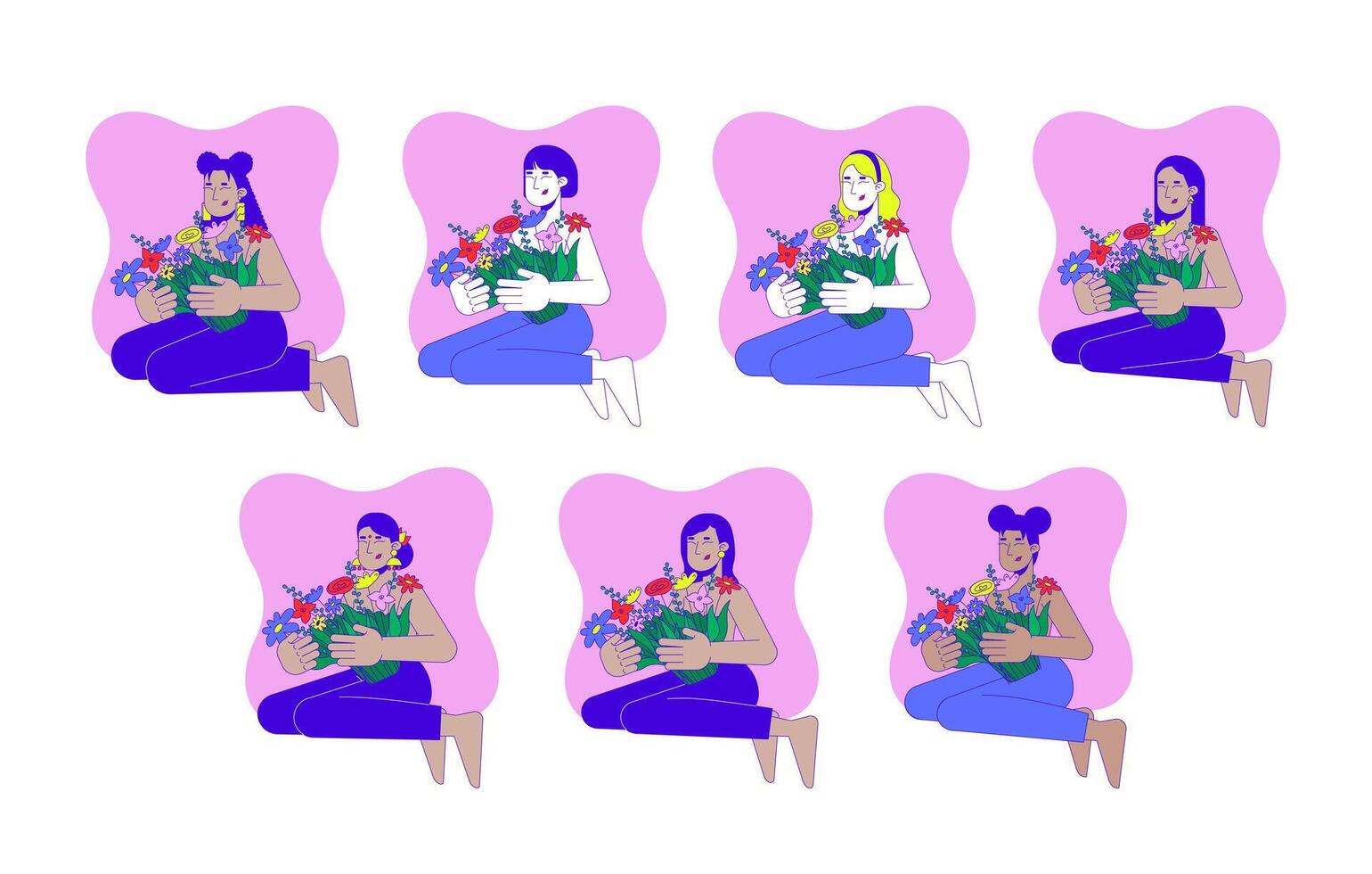 Mental health and breast cancer 2D illustration concepts set. Thriving after mastectomy. Diverse women bouquets cartoon characters isolated on white. Metaphors abstract flat collection vector