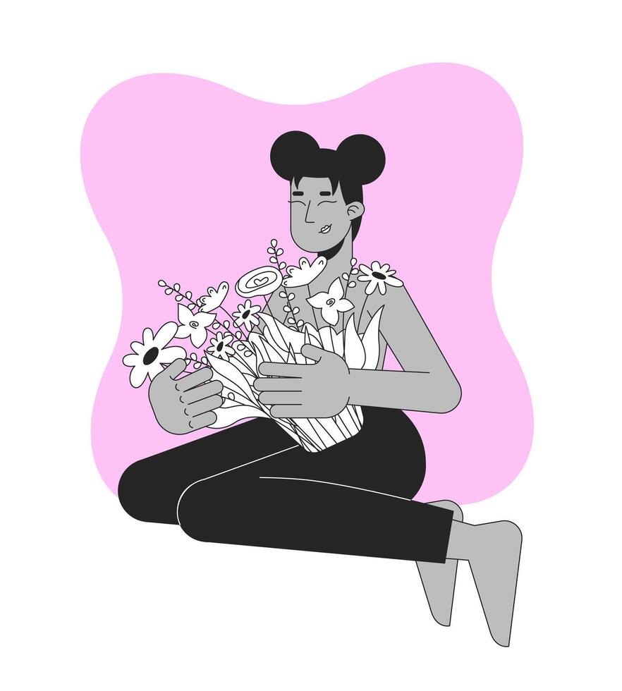 Celebrating victory over breast cancer black and white 2D illustration concept. Self-care and recovery. Black woman embracing blossoms outline character isolated. Metaphor monochrome art vector