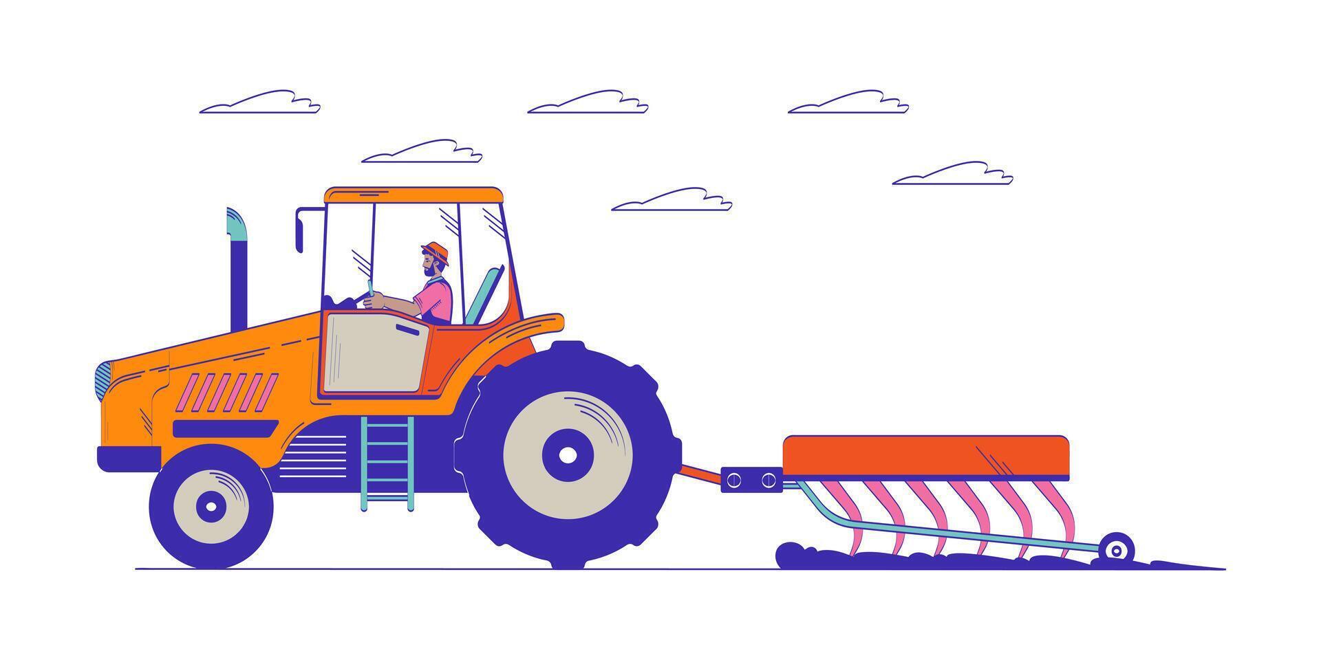 Black farmer riding tractor plowing field doodle cartoon illustration. Agriculture activity. Countryman tractorist farm worker 2D flat character isolated on white. Doodleart hand-drawn drawing color vector