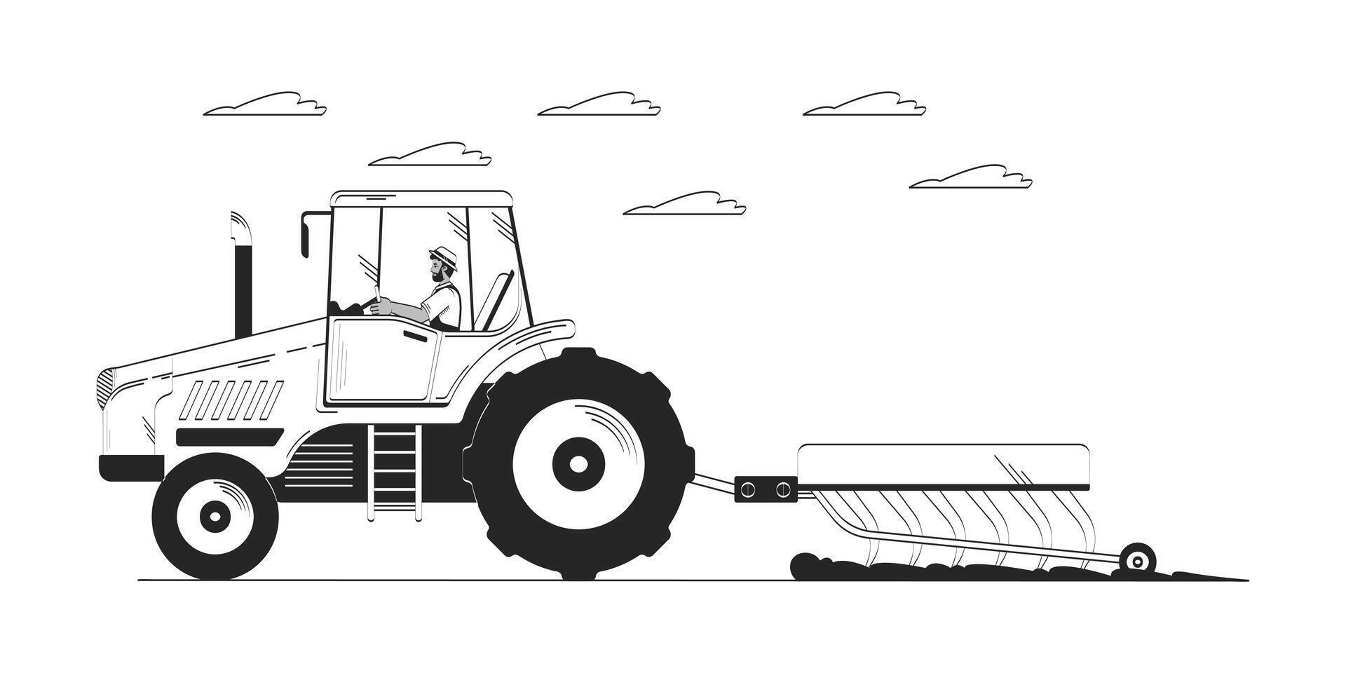 Black farmer riding tractor plowing field doodle lineart illustration. Agriculture. Countryman tractorist farm worker 2D line ink character isolated on white. Monochrome outline hand-drawn vector