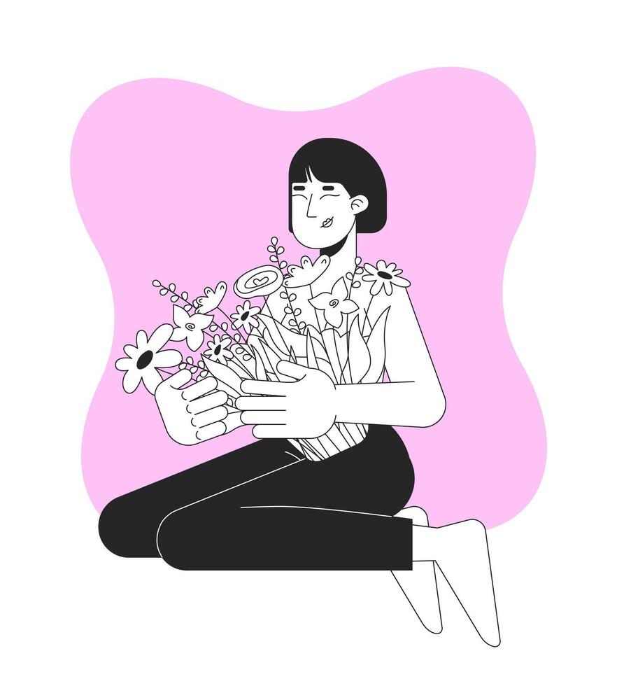 Celebrating resilience after mastectomy black and white 2D illustration concept. Breast cancer survivor asian woman embracing florals outline character isolated. Metaphor monochrome art vector