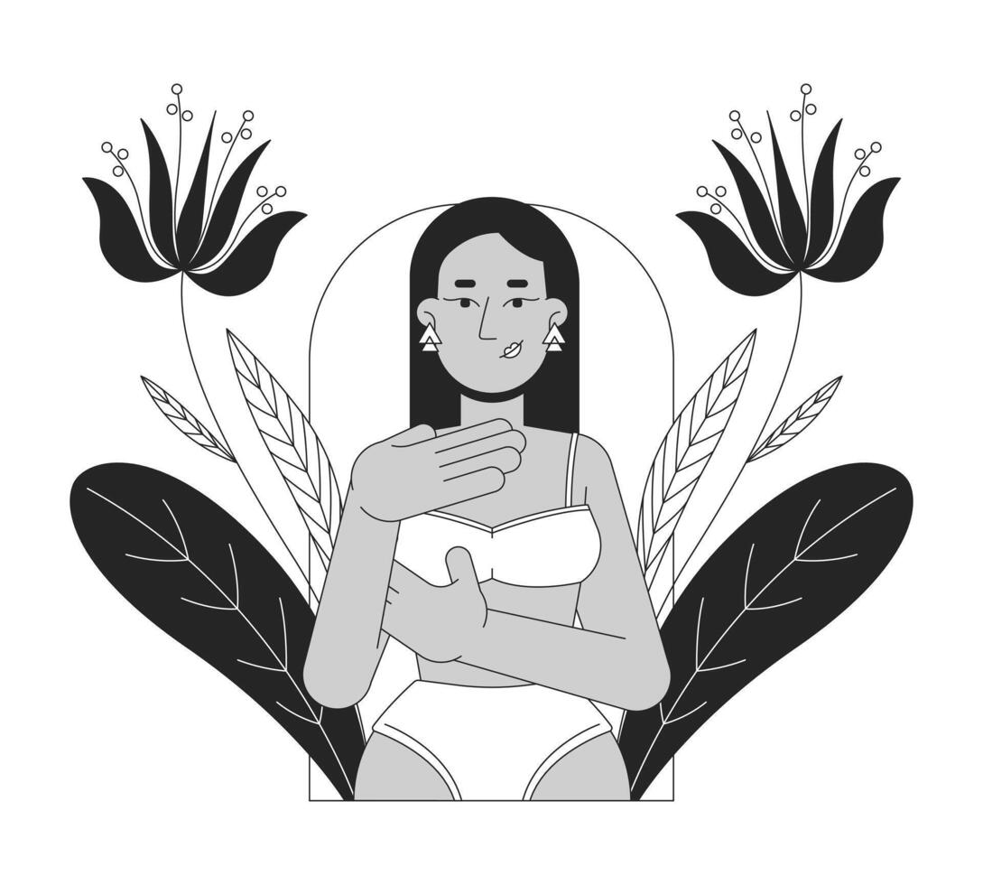 Breast cancer diagnostics black and white 2D illustration concept. Early detection. Brunette middle eastern woman in bra examining herself outline character isolated. Metaphor monochrome art vector