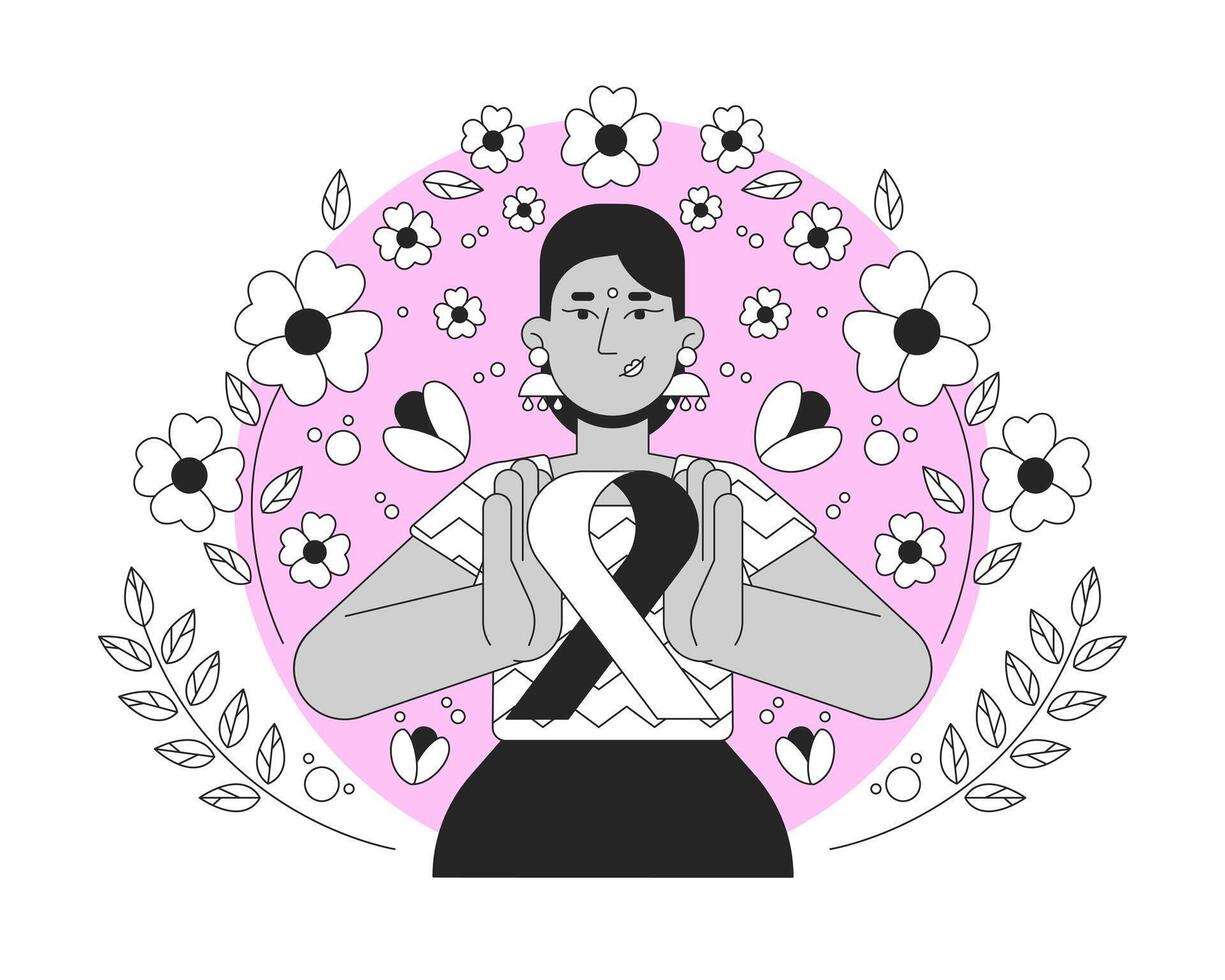 Indian feminist movement of pink ribbon black and white 2D illustration concept. Breast cancer solidarity. Hindu bindi woman femininity outline character isolated. Metaphor monochrome art vector