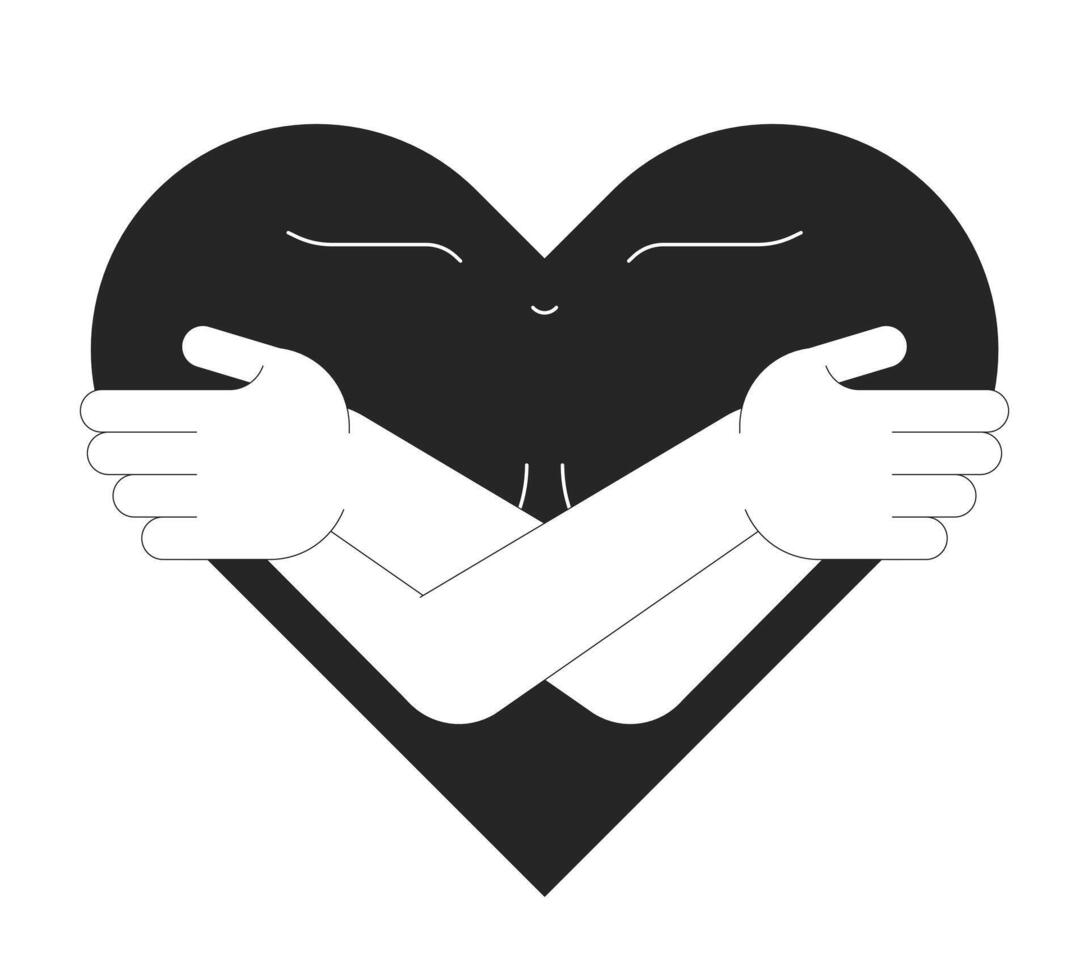 Self-compassion and breast cancer black and white 2D illustration concept. Mental health. Self care behavior. Happy heart hugging self outline character isolated. Metaphor monochrome art vector