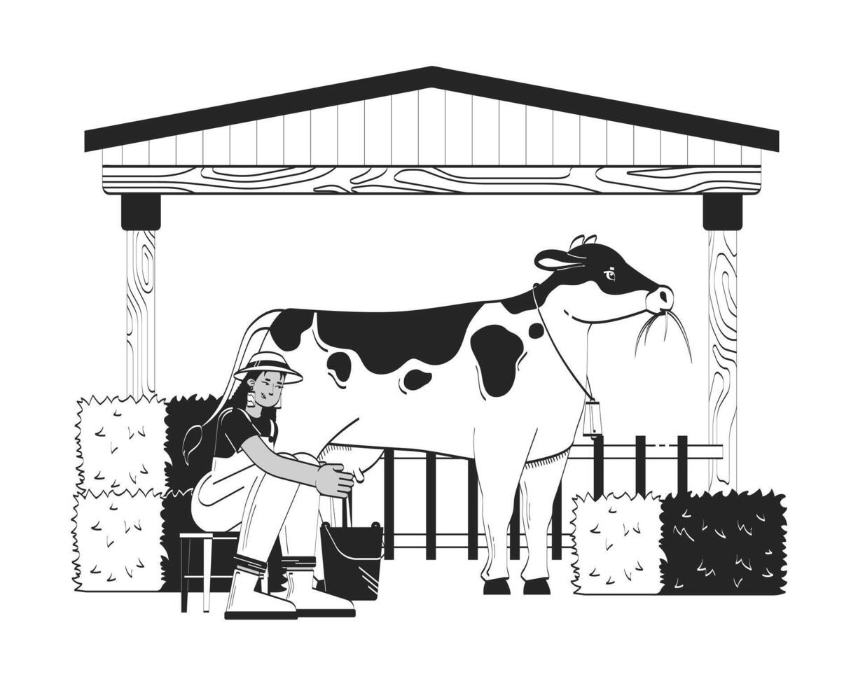 Farmer woman milking cow doodle lineart illustration. Cattle cowshed. Dairy farm milkmaid latin american countrywoman 2D line ink character isolated on white. Monochrome outline hand-drawn vector