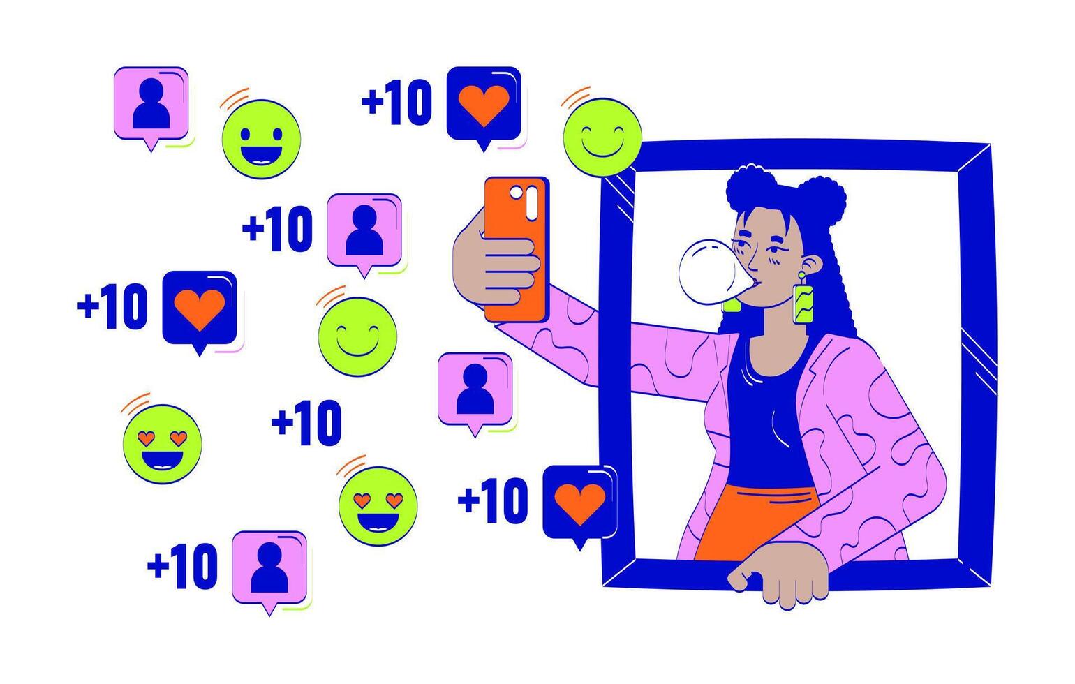 Latina girl taking selfie for social media doodle illustration concept. Gum bubble influencer gen z. Hispanic young woman smartphone cartoon 2D character isolated on white. Hand drawn drawing vector