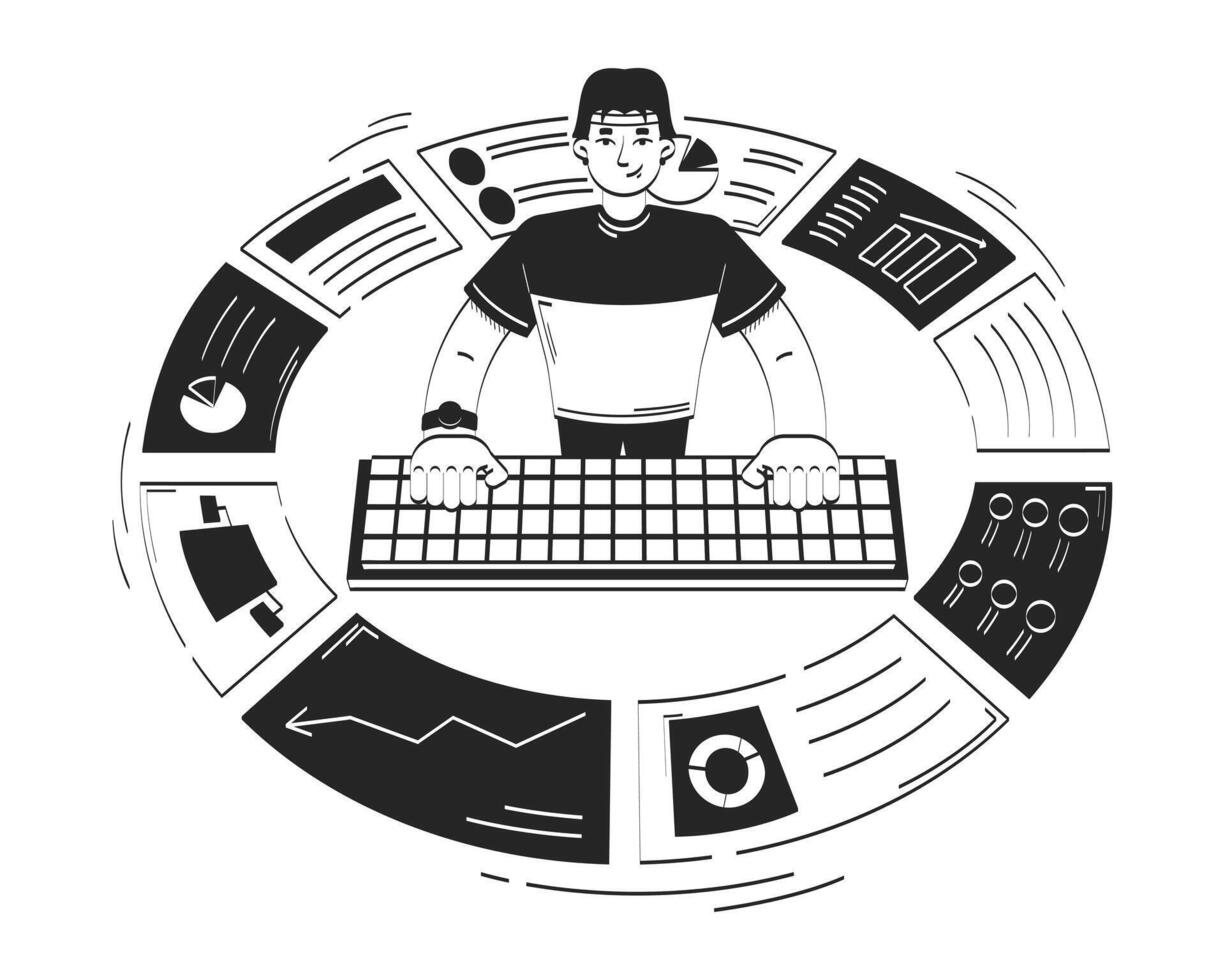 Data analytics business reports doodle line illustration concept. Key performance indicators analysis. Computer analyst typing keyboard 2D outline character isolated. Hand drawn ink drawing monochrome vector
