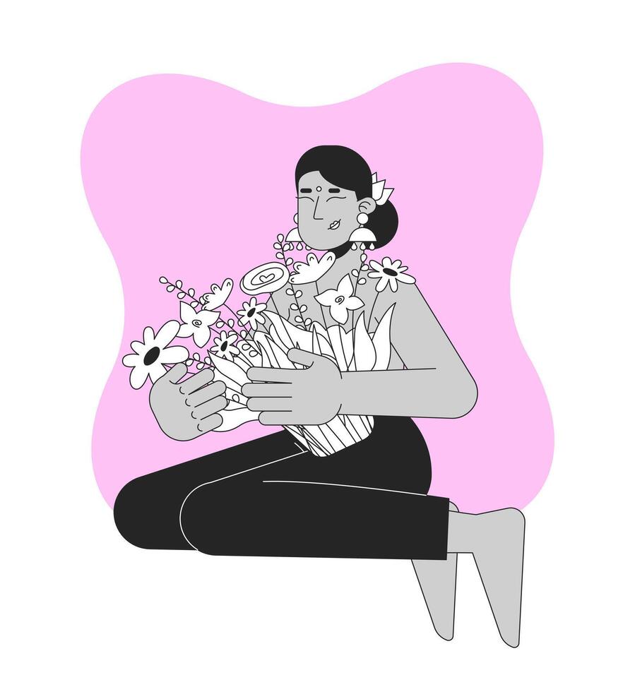 Celebrating resilience after lumpectomy black and white 2D illustration concept. Breast cancer survivor hindu bindi woman embracing florals outline character isolated. Metaphor monochrome art vector