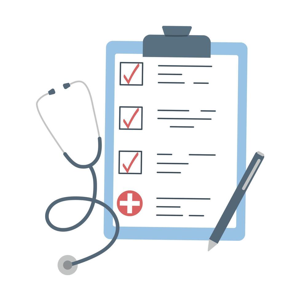 Medical Checklist with Stethoscope and Pen, illustration of a medical checklist clipboard with checkmarks, accompanied by a stethoscope and a pen vector