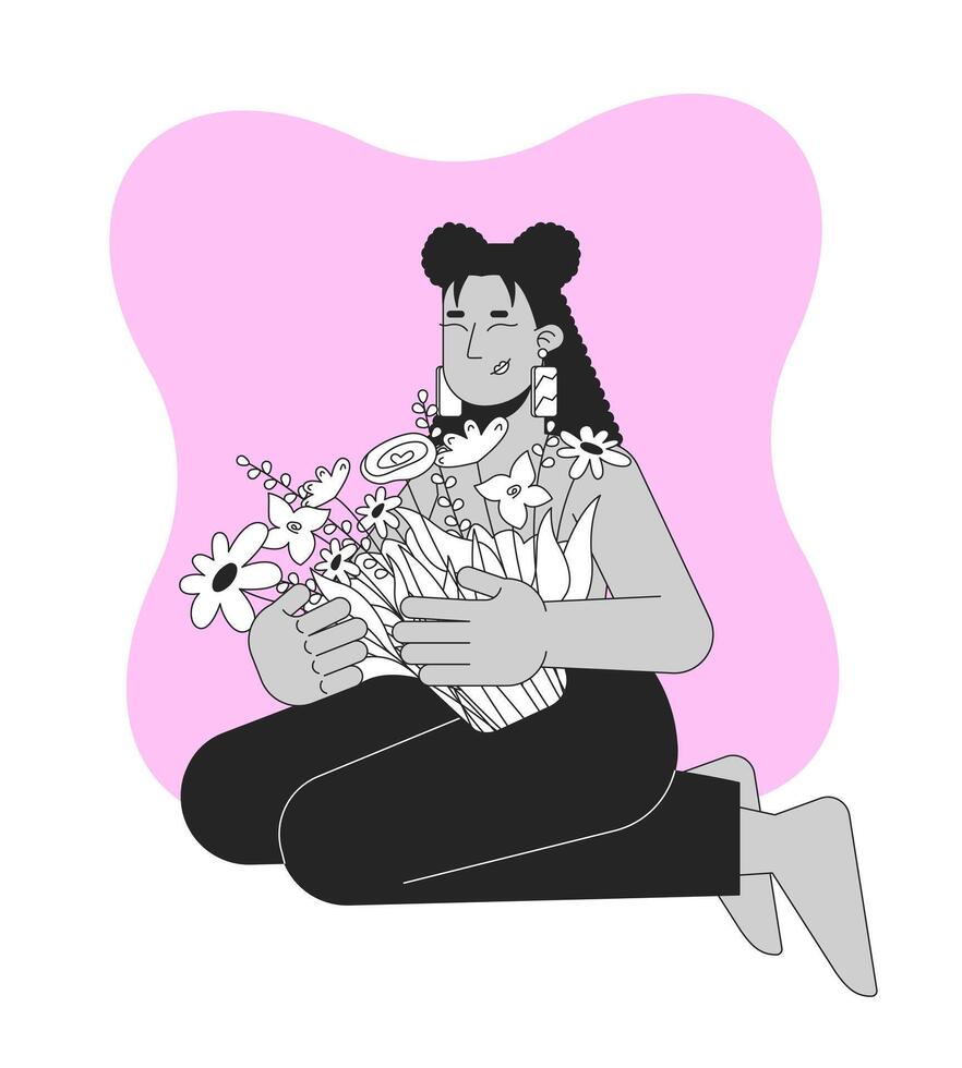 Celebrating strength after mastectomy black and white 2D illustration concept. Breast cancer survivor hispanic woman embracing flowers outline character isolated. Metaphor monochrome art vector
