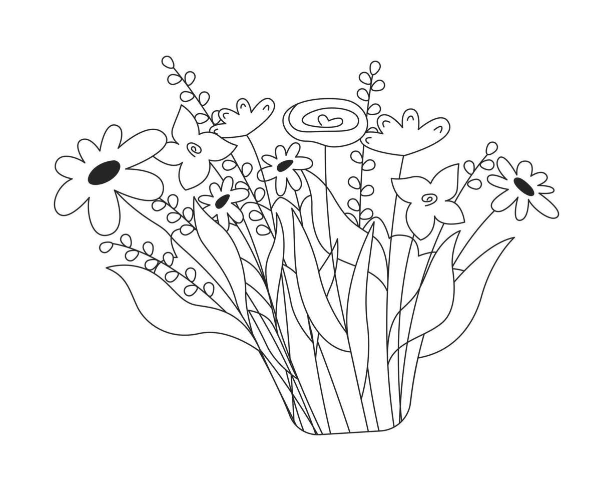 Wildflowers bunch black and white 2D line object. Bush flowers. Shrub plants blooming. Greenery blossom botanical. Lush florals isolated clip art outline item. Monochromatic spot illustration vector