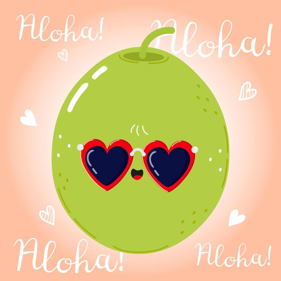 Cute cartoon olive wearing heart-shaped sunglasses on a light background. hand drawn cartoon kawaii character illustration. Isolated on pink background. Green olive character concept. Aloha card vector