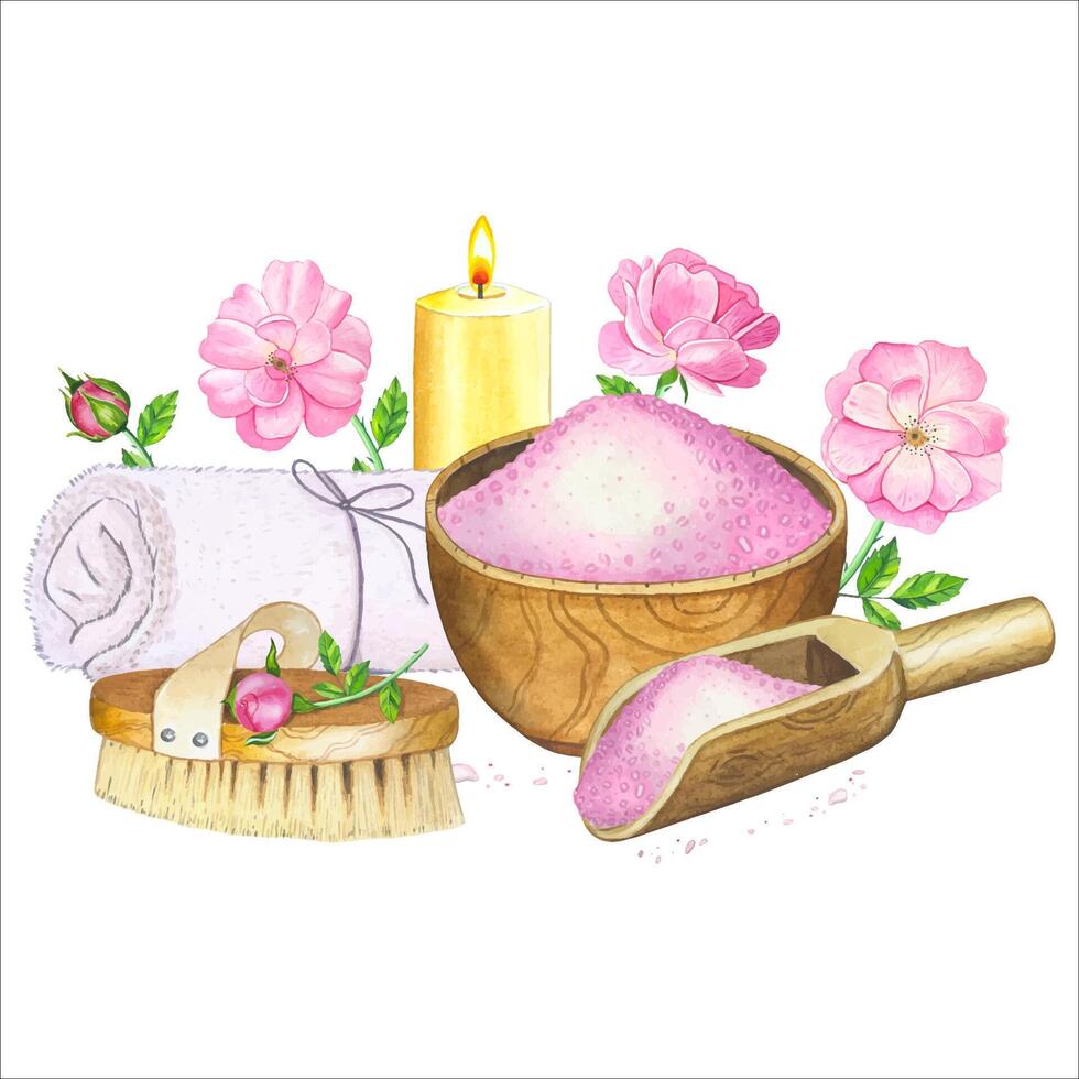 Spa composition with towel, candle, mortar with salt, brush, roses. Hand drawn watercolor illustration vector