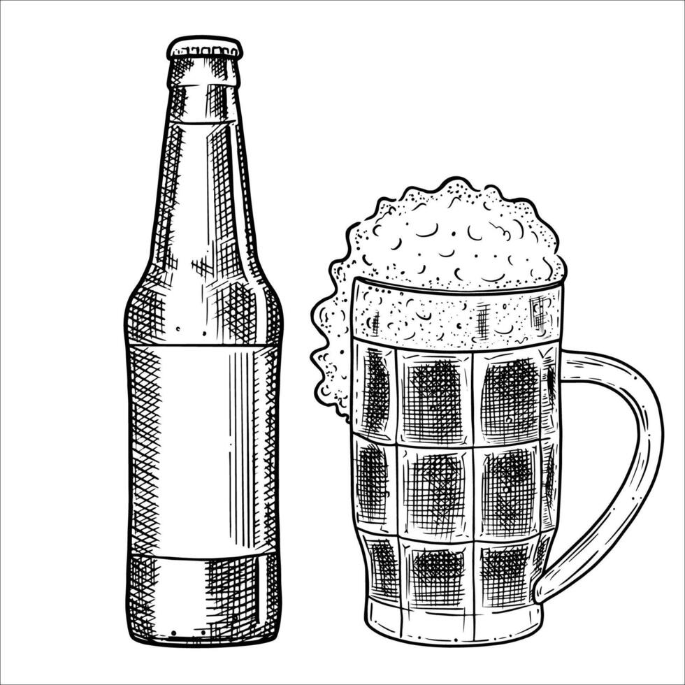 Hand draw bottle and mug with beer. illustration vector
