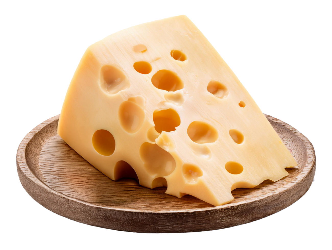 Swiss Cheese Wedge on Wooden Plate png