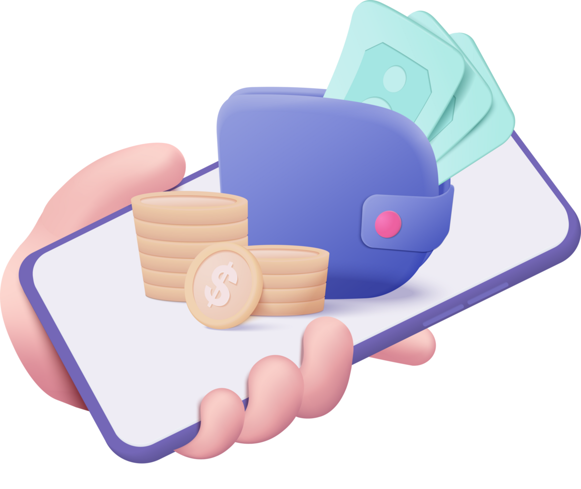 3D money holding wallet, dollar coin for online payment and money saving png