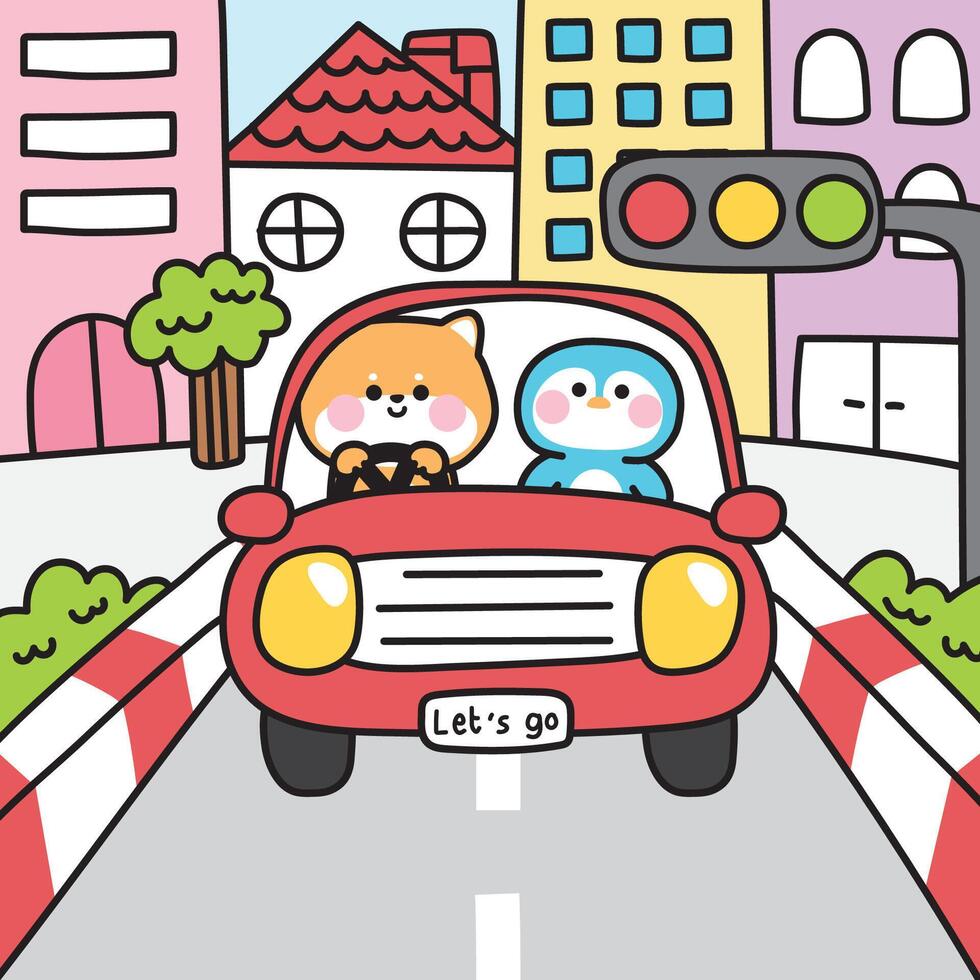 Cute shiba inu dog with penguin drive car city background.Vehicle.Traffic.Building hand drawn.Japanese pet and bird animal character cartoon.Kawaii.Illustration. vector