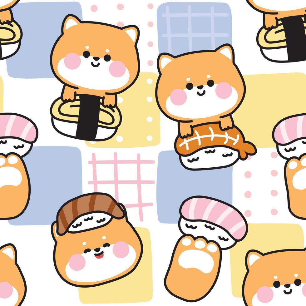 Seamless pattern of cute shiba inu dog with sushi pastel background.Paw.Japanese food and pet animal character cartoon design.Image for card,cover book,stationary,print screen,baby clothing.Kawaii. vector