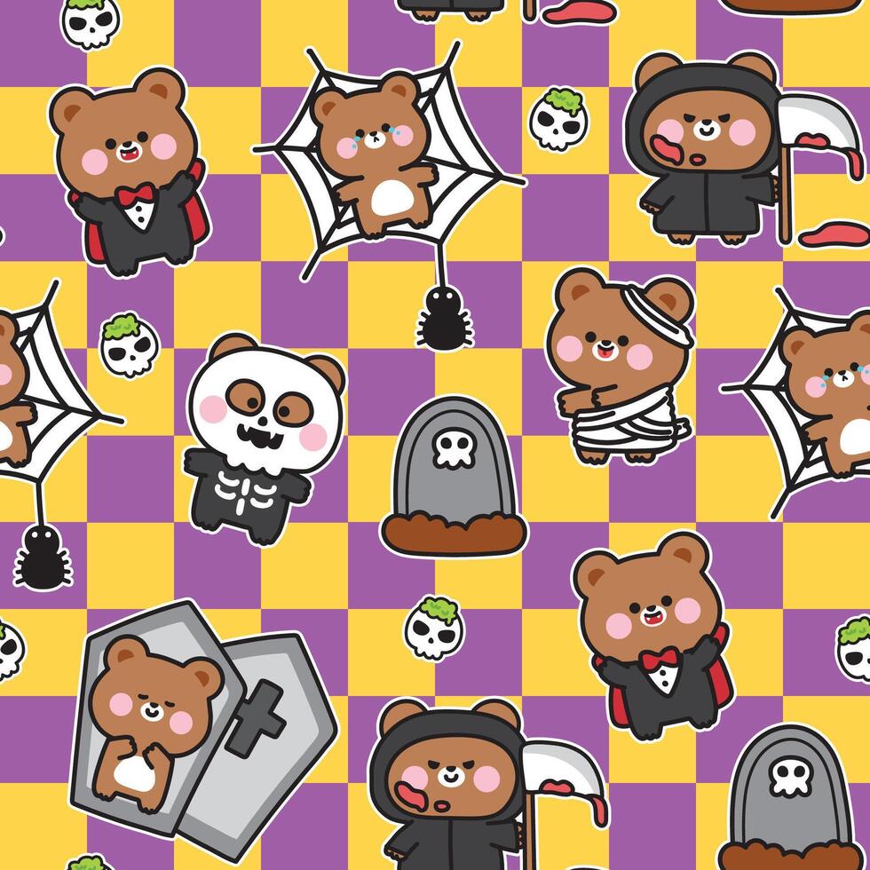 Happy halloween.Seamless pattern of cute teddy bear in various poses halloween festival background.Coffin,spider,grave hand drawn.Zombies.Dracula.Animal cartoon.Kawaii.Illustration. vector