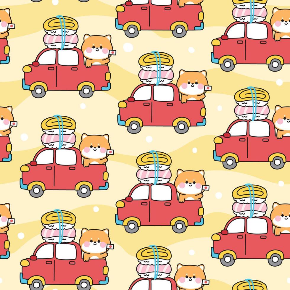 Seamless pattern of cute shiba inu dog stay on pickup truck car with sushi background.Traffic.Vehicle.Japanese pet and food hand drawn.Animal cartoon.Kawaii.Illustration. vector
