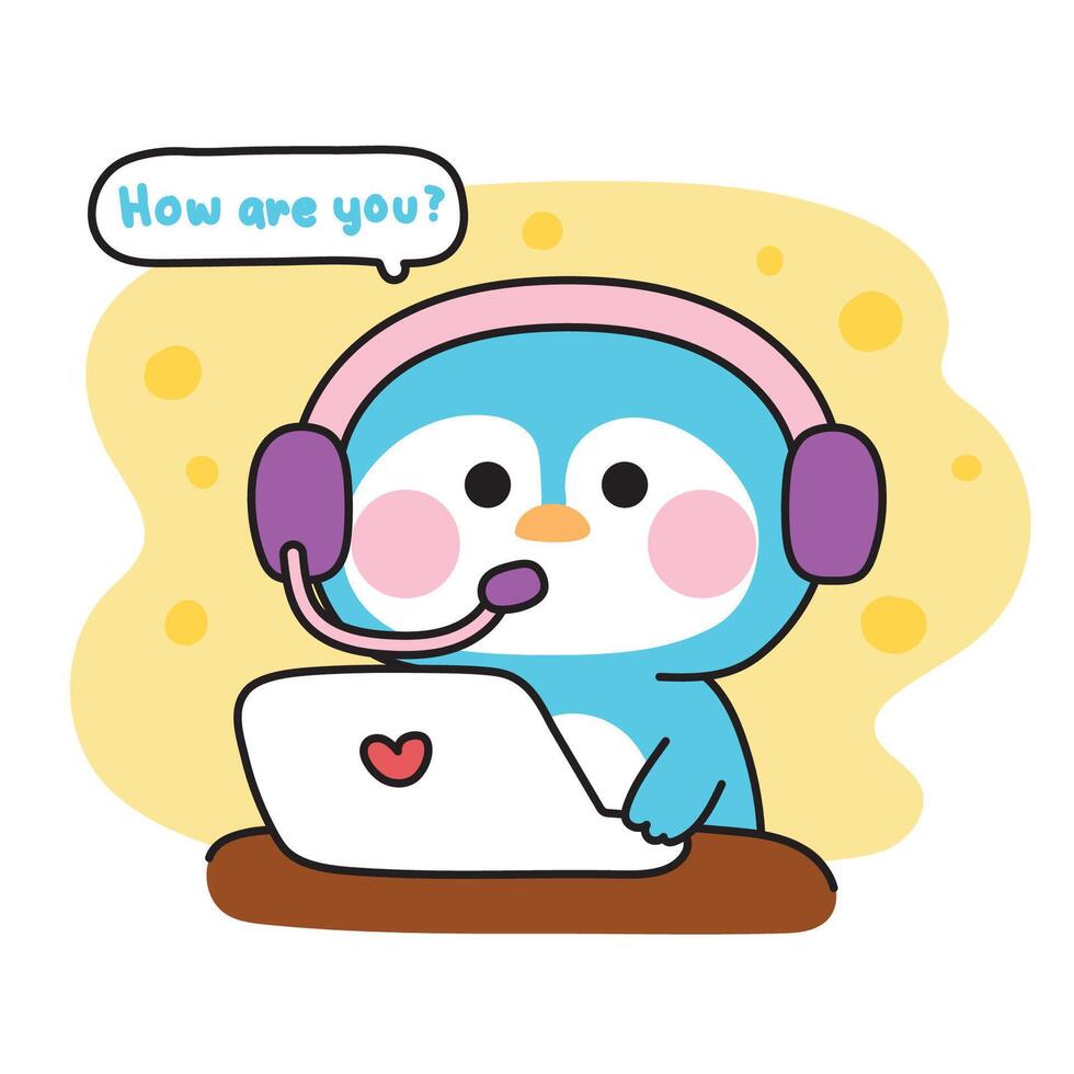 Cute penguin call center work.How are you word.Customer service.Laptops.Bird animal character cartoon design.Image for card,poster,sticker.Kawaii.Illustration. vector