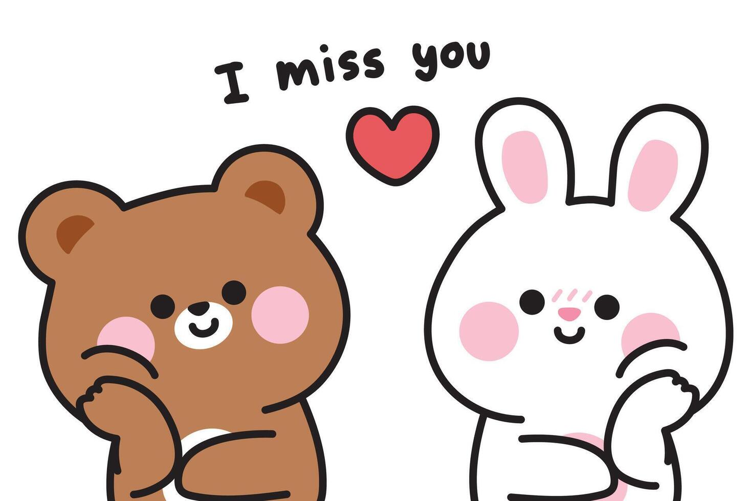 Cute teddy bear and rabbit bunny look each other with heart love feeling.I miss you text. Valentines day.Animal character cartoon design.Kawaii.Illustration. vector