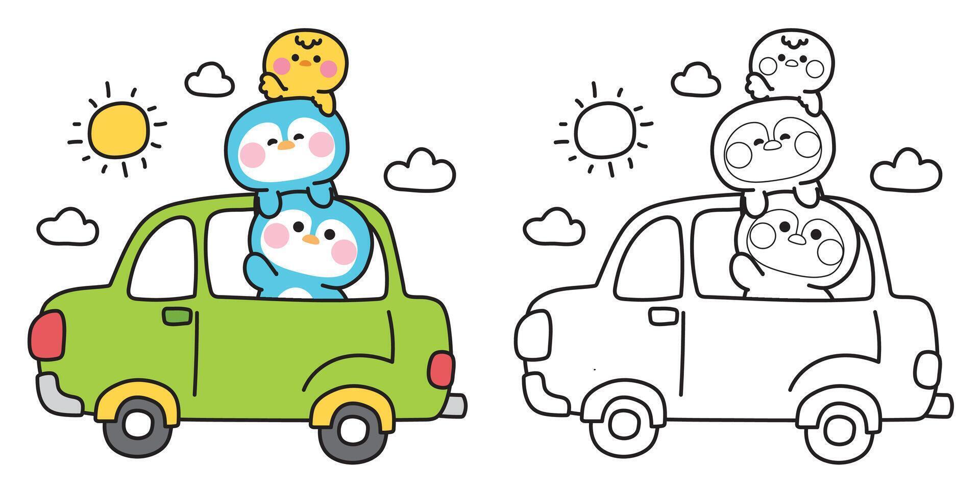 Coloring book.Painting book for kid.School.Page.Cute penguin and chicken stay on green car with sun and cloud.Traffic.Vehicle.Bird farm animal character cartoon hand drawn design.Kawaii. vector