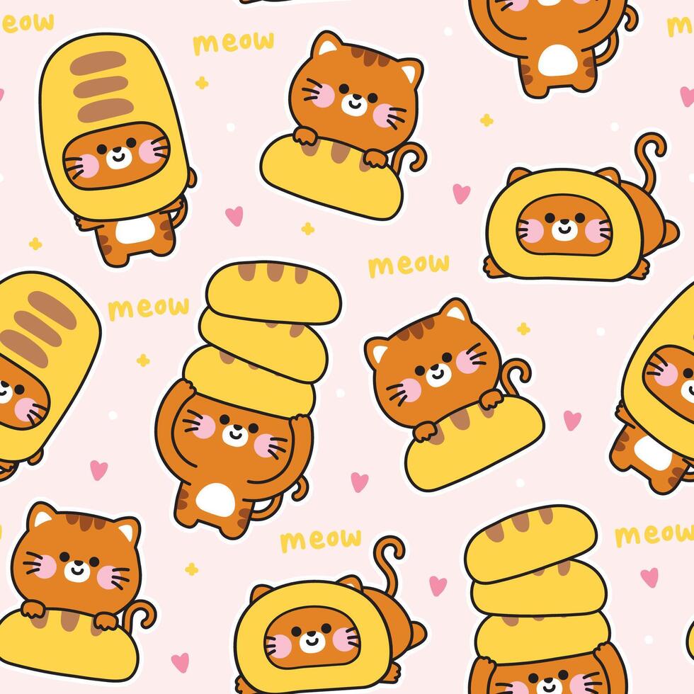 Seamless pattern of cute cat with bread with heart background.Bakery hand drawn.Meow.Pet animal character cartoon design.Image for card,sticker,baby clothing.Kawaii.Illustration. vector